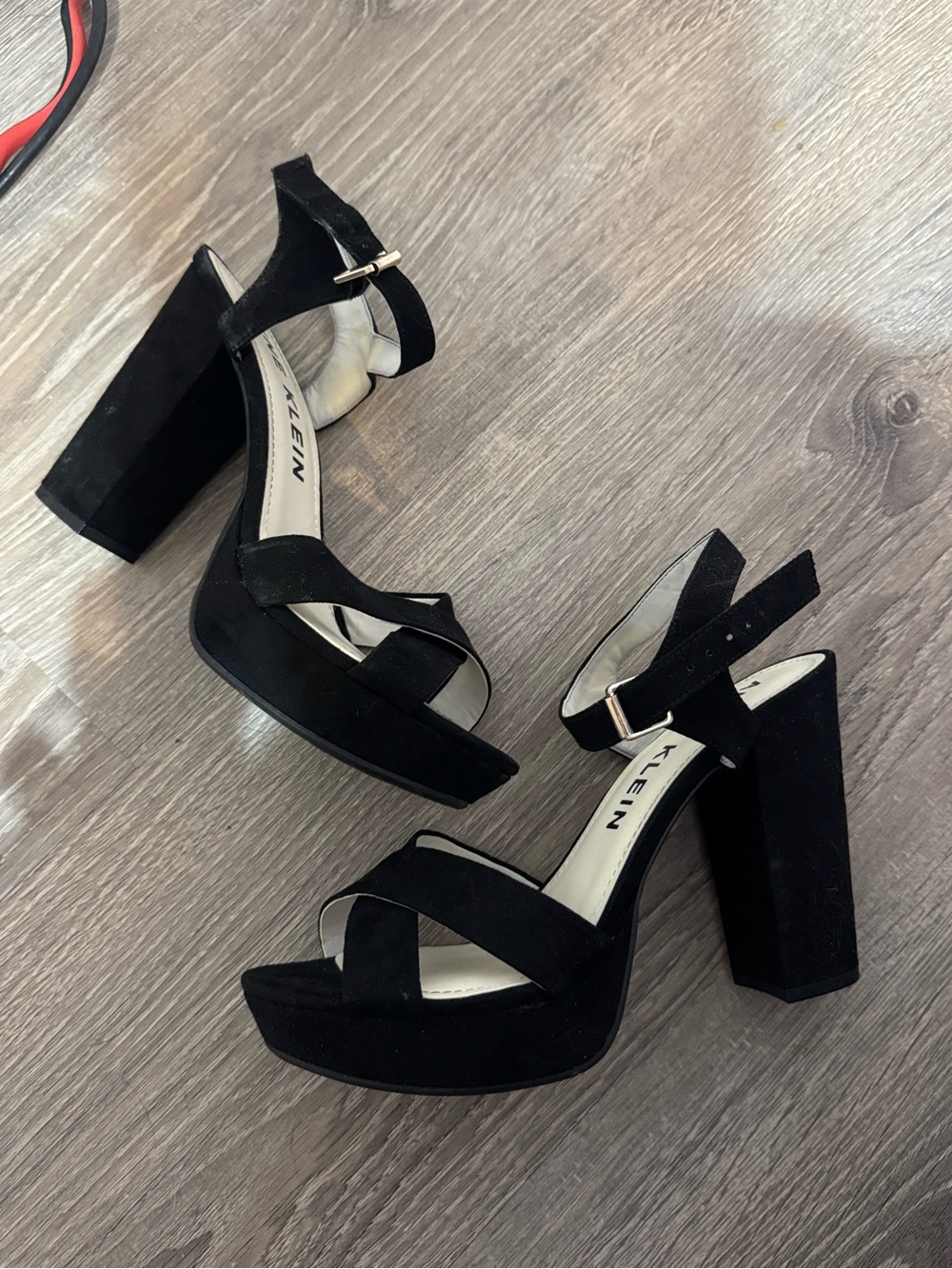 Anne Klein Black Suede Platform Block Heel Sandals